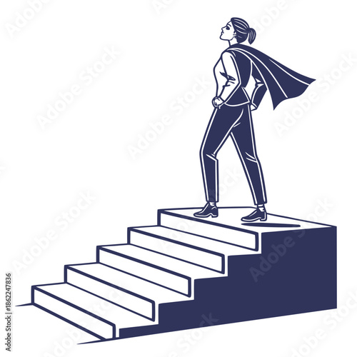 A woman confidently ascending a flight of stairs adorned with a flowing cape symbolizes ambition and upward mobility in a
