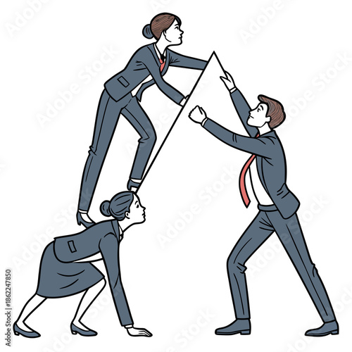 a team of business professionals collaboratively supporting each other to lift a blank white banner symbolizing collective effort and success