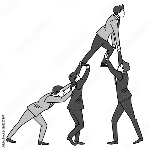 a grayscale illustration depicts four businessmen supporting one another in a human pyramid formation symbolizing teamwork and corporate support