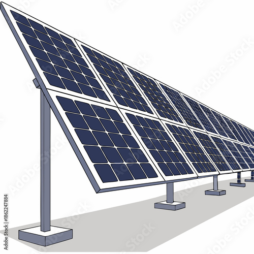 A detailed illustration showcases a row of sleek dark blue solar panels angled towards the sunlight representing sustainable energy solutions