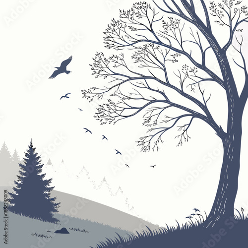a serene landscape illustration featuring a bare tree with sparse leaves a soaring bird and distant mountain silhouettes high quality