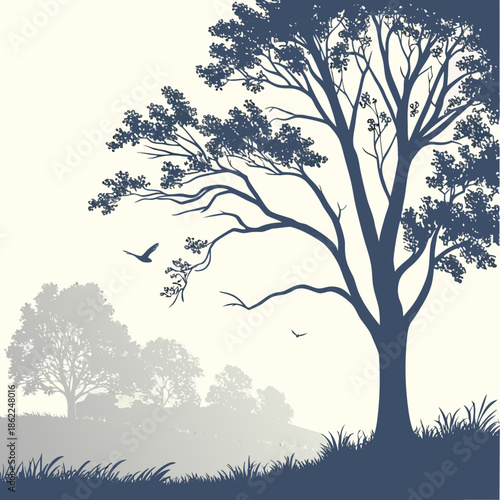 a serene landscape featuring silhouetted trees against a softly blurred background with birds in flight evoking a peaceful atmosphere