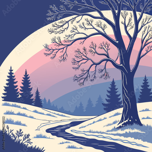 a picturesque winter landscape featuring a bare tree silhouetted against a colorful layered sky with snow covered fields and a