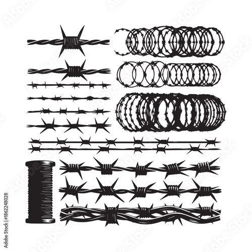 Collection of various barbed wire illustrations and symbols