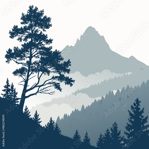 A serene landscape illustration depicts a silhouetted pine tree foregrounding misty mountains and a dramatic jagged peak range backdrop