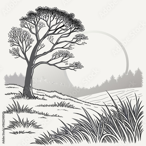 a solitary tree silhouette stands prominently against a large full moon and a subtle rolling landscape backdrop high quality professional