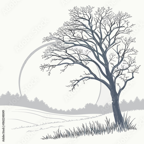 a solitary bare tree with intricate branches stands prominently before a hazy landscape and a large circular backdrop high quality