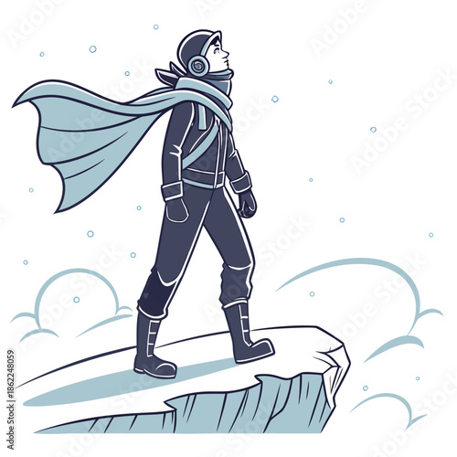 A young adventurer stands confidently on a rocky precipice bundled in winter gear gazing into the distant snowy landscape ahead