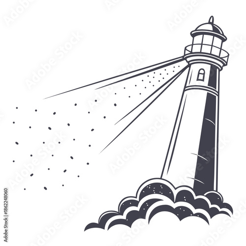 A vintage style illustration depicts a tall white lighthouse beaming a light across tumultuous waves and stormy sea conditions
