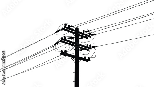 Detailed black electric power line pole silhouette vector illustration isolated on white background for energy transmission infrastructure utility design