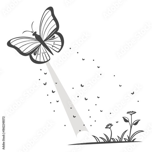 a delicate butterfly soars gracefully through the air leaving a trail of scattered specks above simple wildflowers and grassy terrain