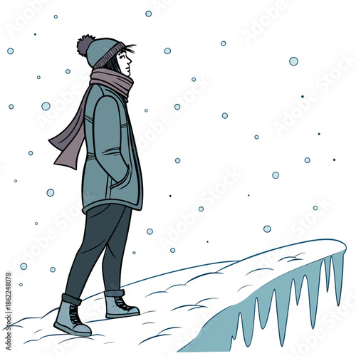 a digital illustration depicts a person bundled in winter clothing standing on a snow covered ledge during a snowfall
