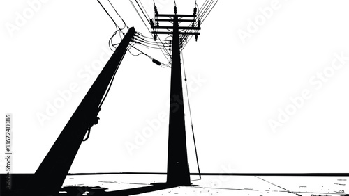 Broken electric utility power pole silhouette vector illustration showing damaged infrastructure fallen line energy transmission isolated black industrial design