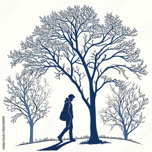 a solitary figure walks beneath the expansive branches of trees in a stylized monochromatic illustration presenting a scene of quiet