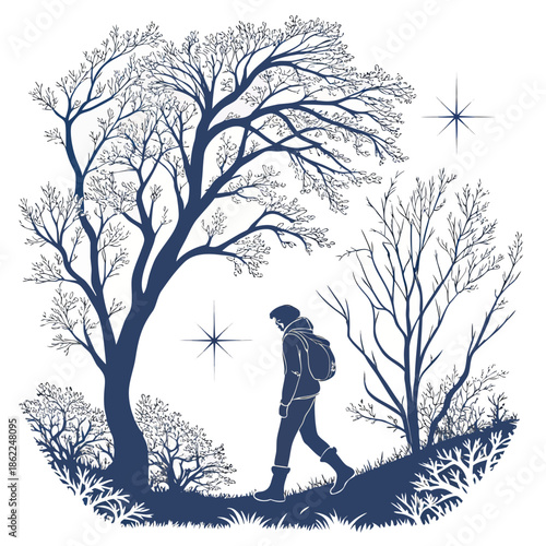 a silhouetted figure walking along a path through a forest of bare trees under a starry night sky high quality