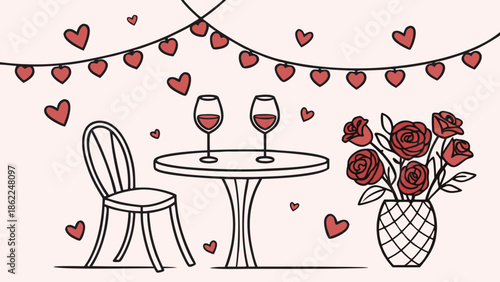 Flat vector illustration of a romantic table setup for two with wine, candles, and an intimate dining atmosphere.