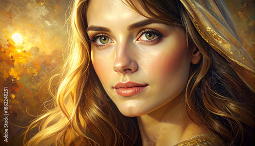 A serene portrait of a young woman with flowing hair and a gentle gaze, set against a warm, golden background
