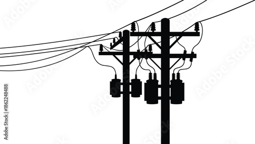 Electric utility distribution power pole vector illustration with transformers insulators and overhead transmission lines isolated on white background