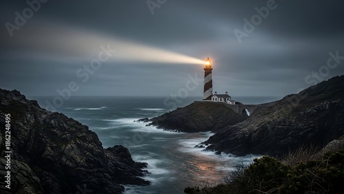 Lighthouse on rocky coastline at dusk.