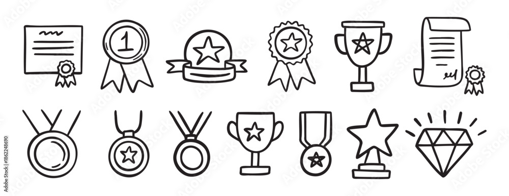 Fototapeta premium medal honor award related doodle hand drawn icon set. Outline drawing winner line clipart symbol collection