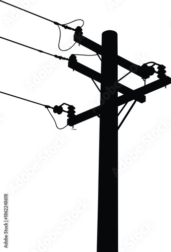 Electric utility power pole silhouette vector illustration with crossarms insulators overhead transmission lines energy infrastructure isolated black design