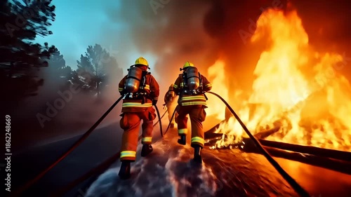 Natural disaster. Devastating loss aftermath scene. A vivid portrayal of firefighters battling a raging fire. The scene is dominated by the fiery orange and yellow hues of the flames.