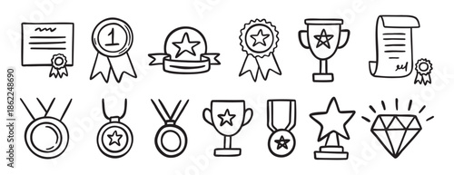 medal honor award related doodle hand drawn icon set. Outline drawing winner line clipart symbol collection