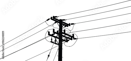 Electric utility power pole silhouette vector illustration with multiple crossarms insulators overhead transmission lines energy infrastructure isolated black design concept