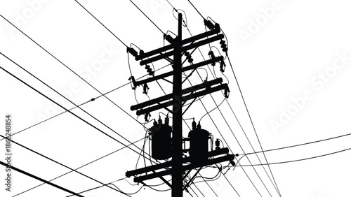 Electric utility power pole silhouette vector illustration with multiple transformers insulators and tangled overhead wires energy infrastructure isolated black design