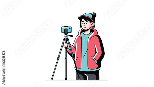 Man Recording Video On Tripod