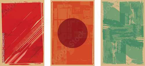 Three abstract rectangular panels with bold colors on transparent background

