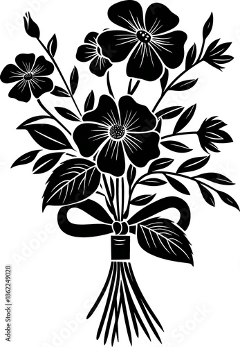 Decorative black silhouette of a tied floral bouquet with leaves and blossoms. Ideal for vintage designs, craft projects, invitations, wall art, logos, and elegant botanical compositions.
