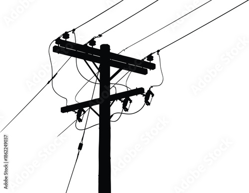 Electric utility power pole silhouette vector illustration with transformers insulators overhead lines energy infrastructure isolated black industrial design concept modern