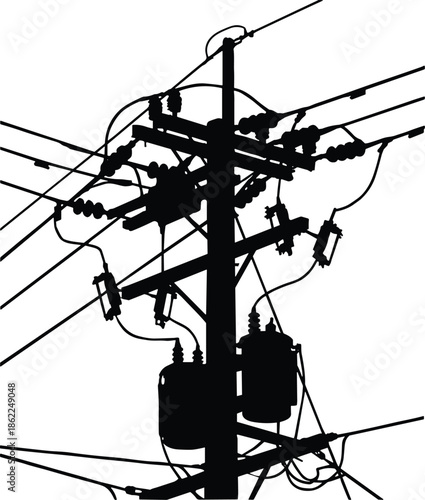 Electric utility power pole silhouette vector illustration with transformer insulators tangled overhead wires industrial energy infrastructure isolated black design
