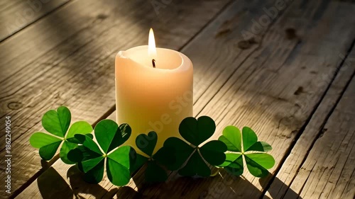Festive saint patricks day still life with a glowing candle and lucky shamrocks. Traditional irish holiday decoration on a rustic wood surface with warm atmospheric lighting