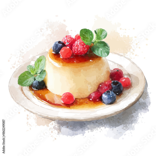 Panna Cotta, watercolor painting, vector illustration, isolated on a white background.