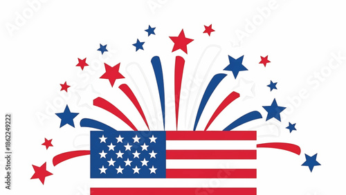 A patriotic illustration of a flag design with red, white, and blue elements stars and stripes. Fireworks also added