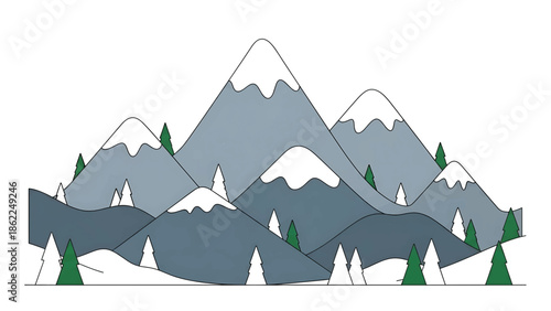 A layered landscape illustration featuring stylized snow-capped peaks, evergreen trees, and a base line. A minimalist, abstract design