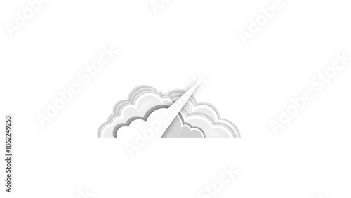 A layered paper cut illustration shows a rocket taking off through fluffy clouds, white and grey on a clean white background