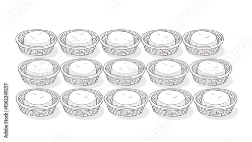 A pattern of fifteen woven baskets, each containing a round, white, doughy item, arranged in three rows. Simple outline