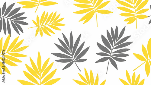 A pattern of stylized palm leaves, alternating between yellow and gray against a bright white background. Simple yet elegant design