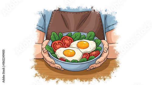 A person holds a bowl containing fried eggs, tomatoes, and spinach. The person is wearing a brown apron over a blue shirt. The food sits on a wooden table