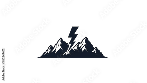 A monochrome illustration features a stylized mountain range with jagged peaks, overlaid by a lightning bolt, set against a white backdrop