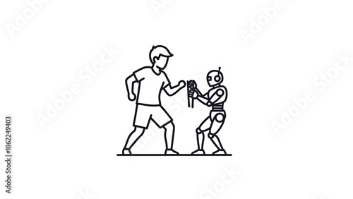 A line drawing depicts a human figure facing a robot. They appear to interact, possibly handing over tools. Simple, clean, modern design