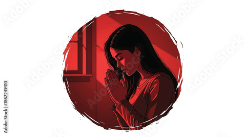 A person, framed within a red circle, is depicted with hands together in prayer, eyes closed, in a red-lit room with window shadows