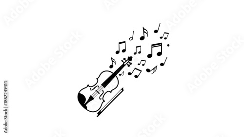 A monochrome illustration features a violin with a bow and musical notes floating away from it on a white backdrop