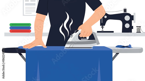 A person in a black shirt presses a blue cloth on an ironing board with a white iron, steam rising. Stacked folded clothes and sewing machine are present
