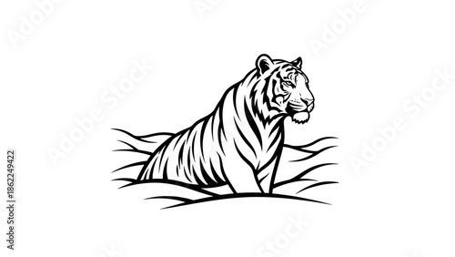 A monochrome illustration features a tiger in a composed pose, its body partially submerged in stylized water