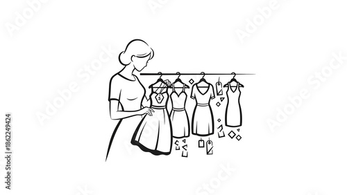 A line drawing depicts a woman browsing dresses on a rack. Tags and geometric shapes hang and float. Simple outline style