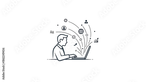 A line drawing illustration depicts a person working on a laptop, with icons representing global connection and data rising from the device